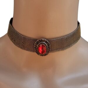 ​Vintage 1930s Art Deco Mesh Choker Necklace with Ruby Red Glass Stone